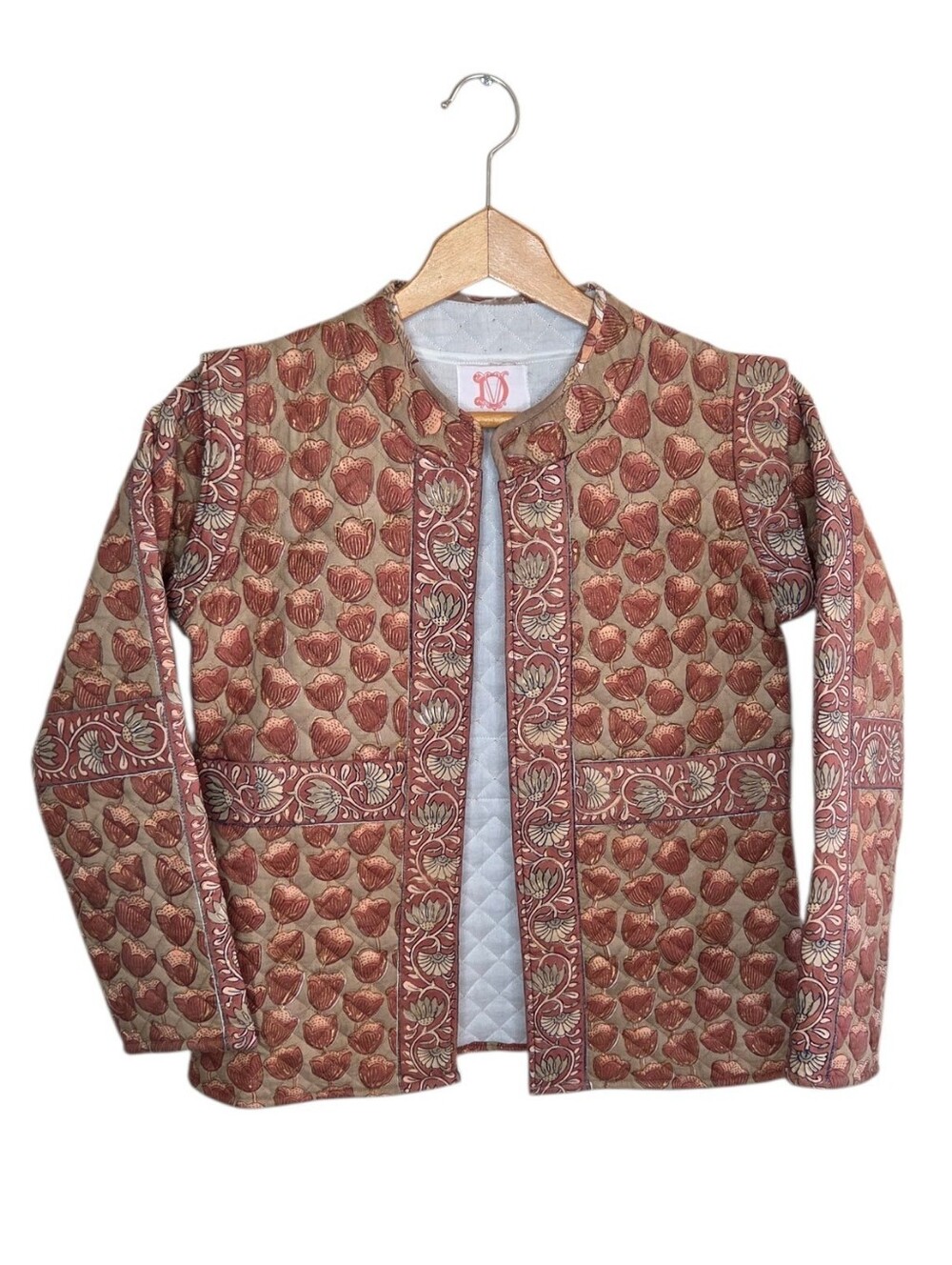 Victoria Dunn Brown Tan Print Quilted Open Front Jacket Cottagecore Boho Fall